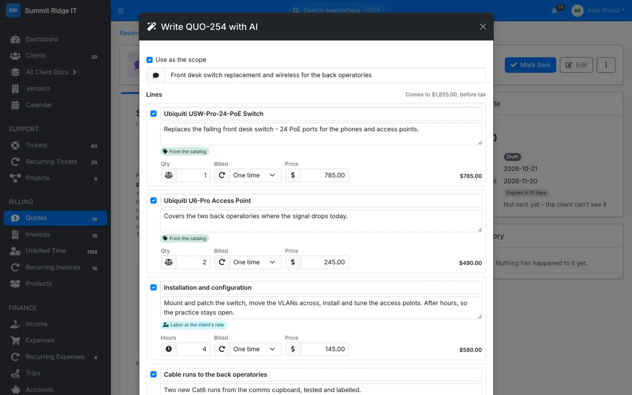 The Write it with AI window on a quote, with a scope, catalog lines, labor and a line to price