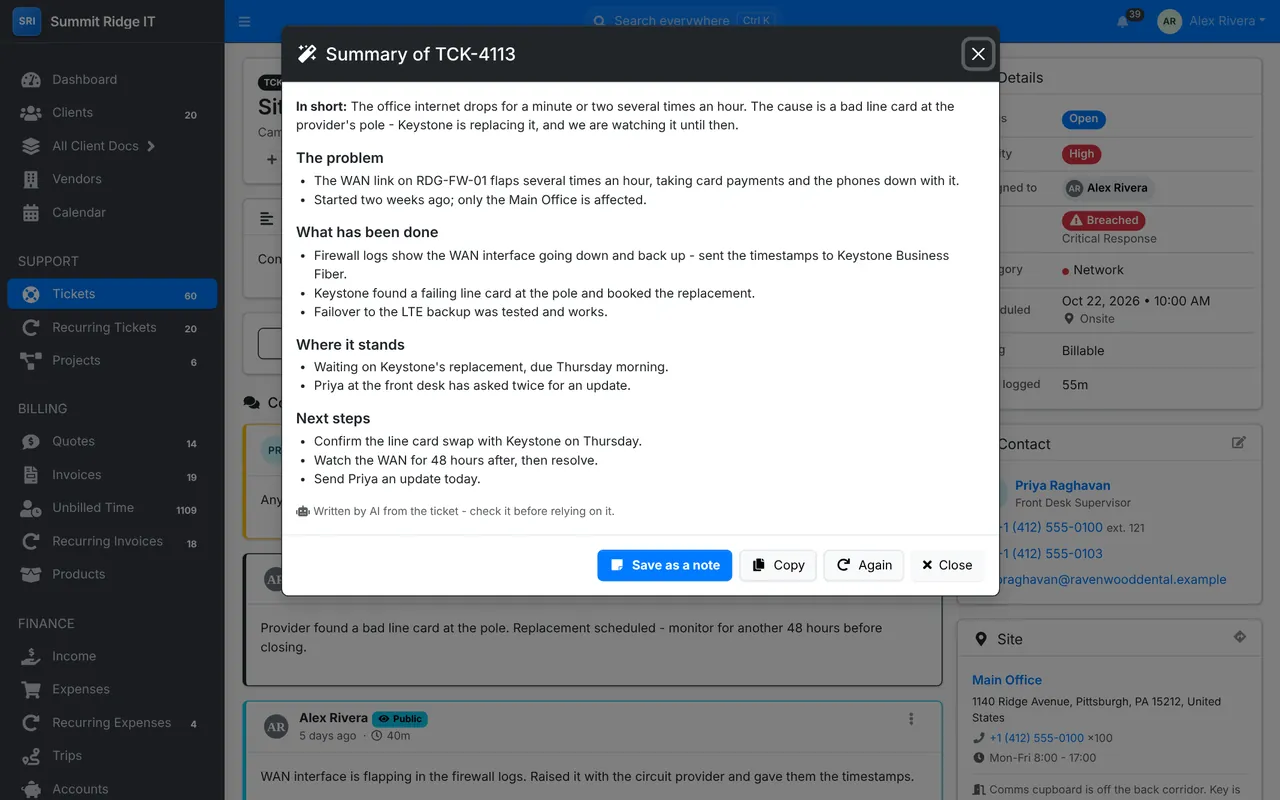An AI summary of a ticket: the problem, what has been done, where it stands and next steps