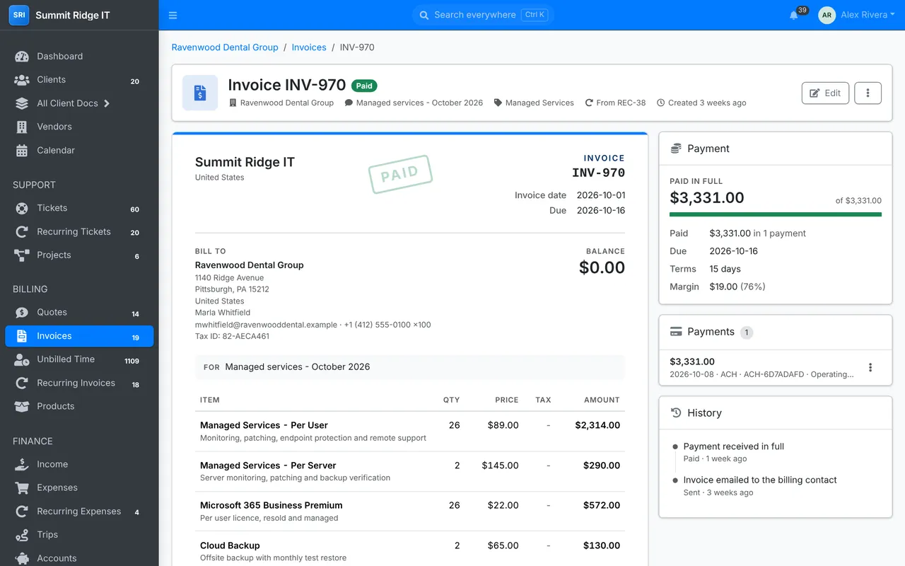 An invoice for managed services with per-user and per-server lines, its payment and history