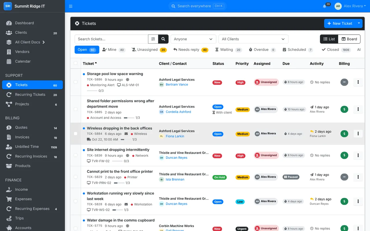 The tickets list, filtered to open tickets, with status, priority, assignee, SLA and billing for each